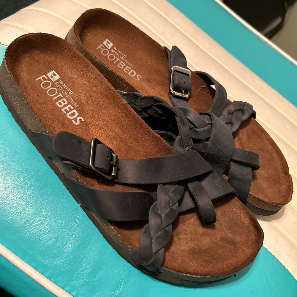 Women's White Mountain HARRINGTON Black Nubuck Buckle Braided Slide Sandal Shoes